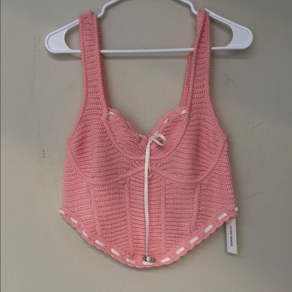 Pink Ribbed Tie Front Bustier Crop Top